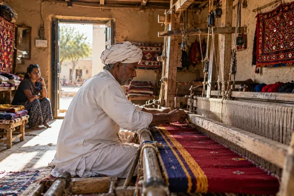 A weaver works a wooden loom in a mud walled workshop in Bhujodi, Kutch