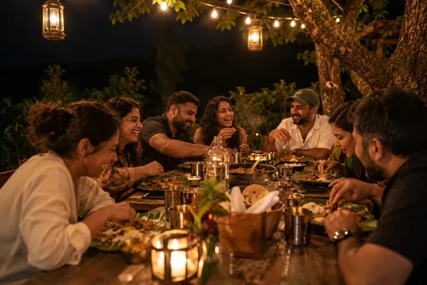 Friends share a banana leaf dinner by lantern light at a long table in Coorg